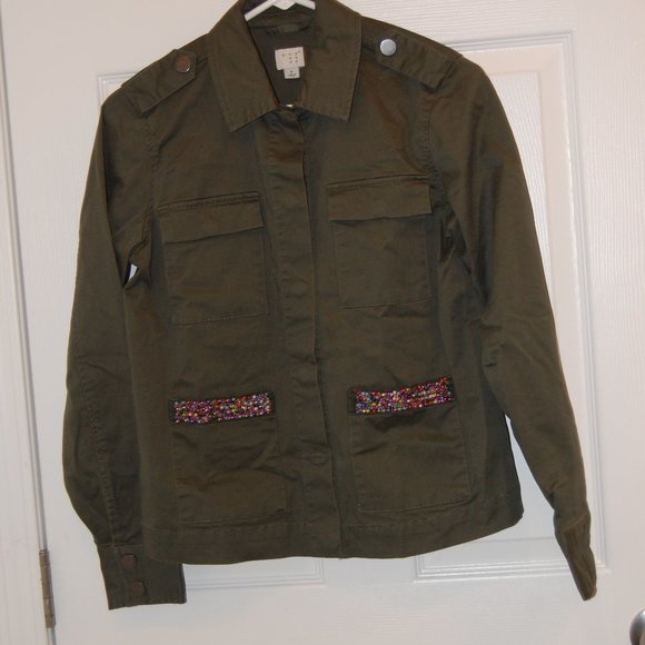 A New Day Women's Army Green Jacket W/ Decorative Beaded Pockets Size Small - Picture 4 of 15